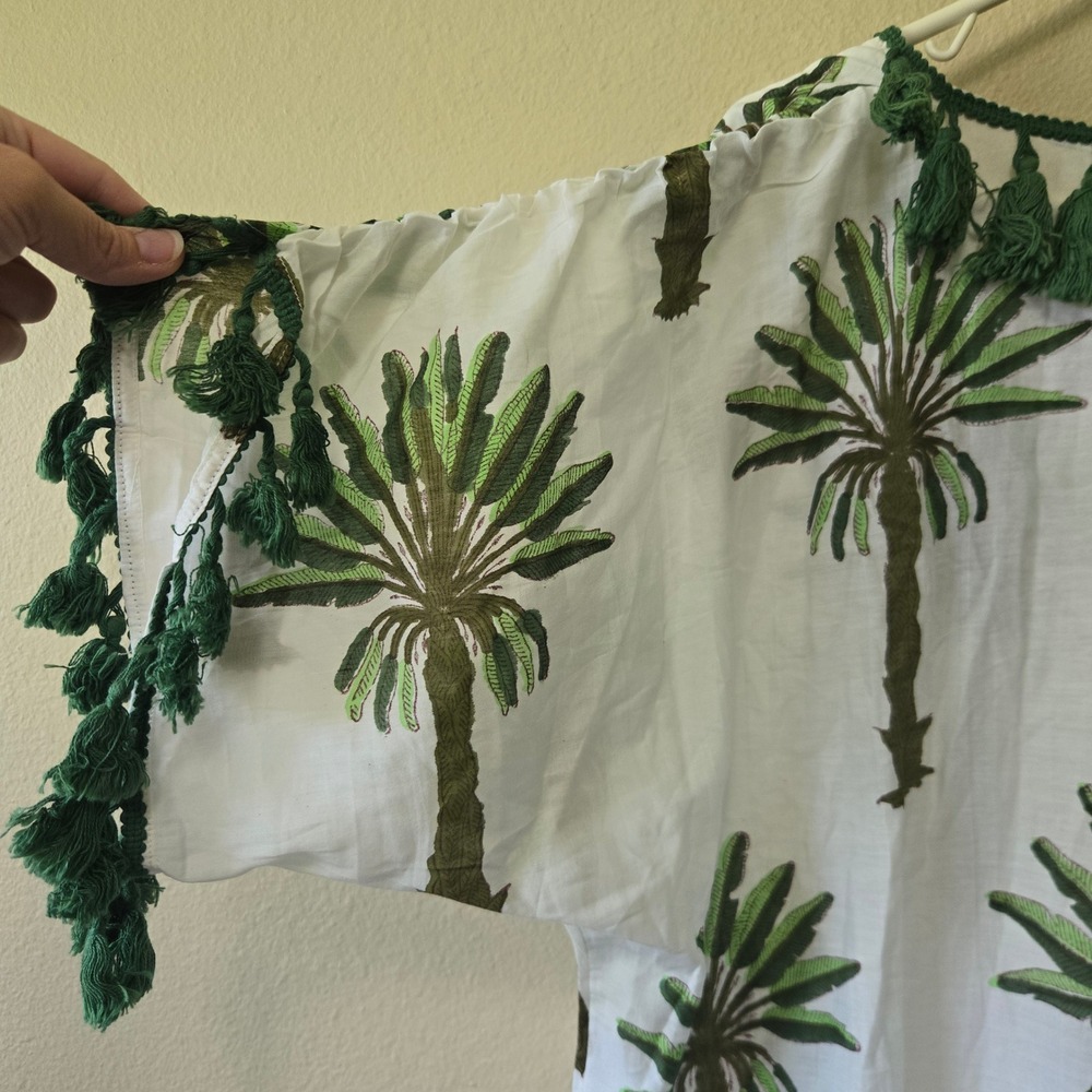 Katie Kime Cotton Silk Palm Tree Kaftan Coverup Green White Tassel Trim One Size - Picture 8 of 9